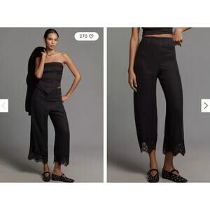 NEW Anthropologie Mare Mare Lace Hem Pull-On Pants Black Women's Size L